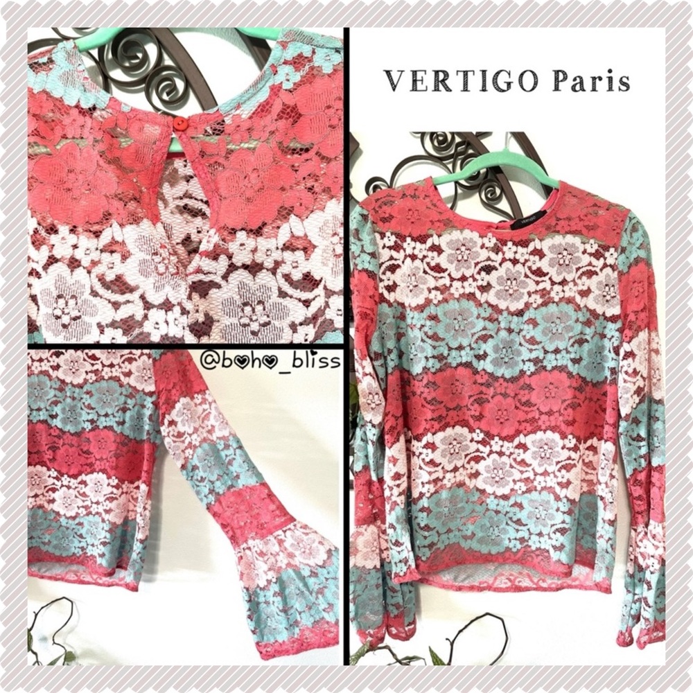 VERTIGO Paris | Stretch Lace Floral Sheer Bell Long Sleeve Top NWOT